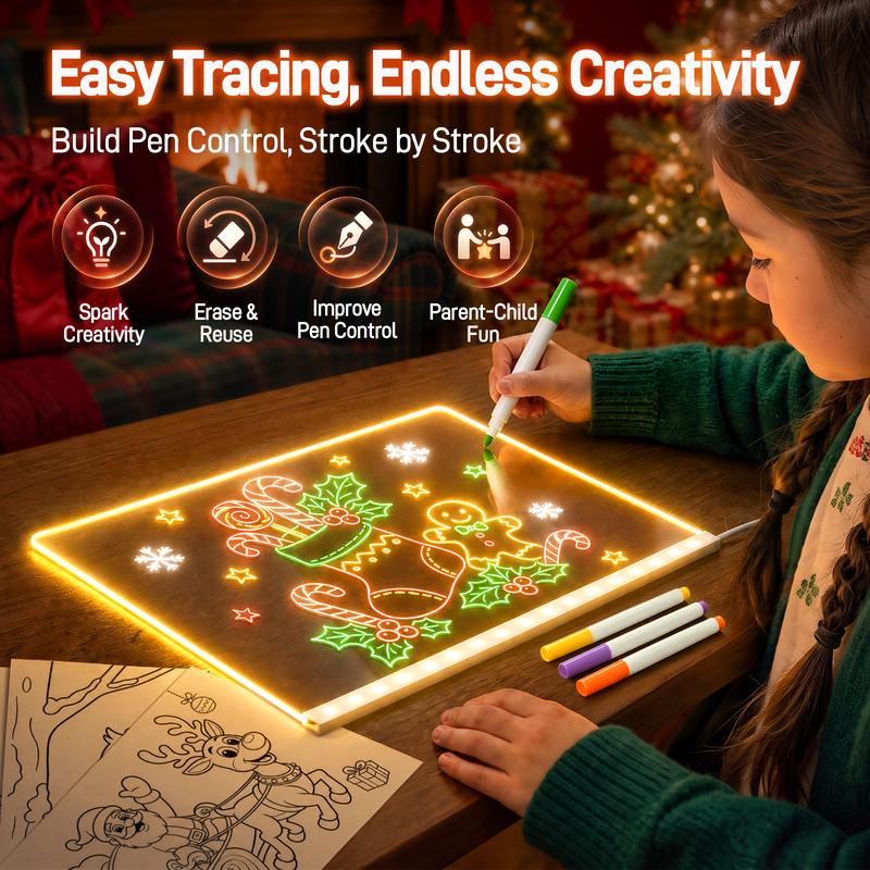 LED Light Up Erasable Drawing Board with Colored Markers and Stand