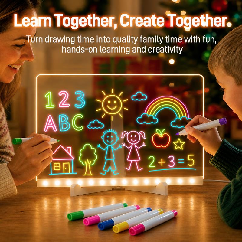 LED Light Up Erasable Drawing Board with Colored Markers and Stand
